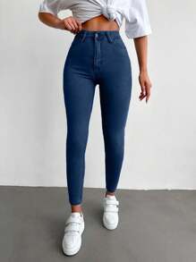 EURMUSE 96% Cotton High Waist Skinny Cropped Jeans - Teal Blue - View 5
