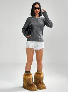 CasuGlow 海军蓝短款拉链开合撞色缝线运动衫 - 深灰色 - 查看 4