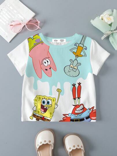 SpongeBob SquarePants X SHEIN Camiseta de manga corta y cuello redondo con estampado de dibujos animados para niña, para el verano