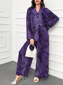 Modelyn 女式蜡染印花落肩长袖上衣和宽松休闲裤两件套，春夏两件套 - 紫色 - 查看 6