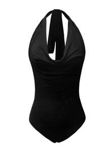 Women's Solid Color Plunging Neck Bodysuit - Black - View 1