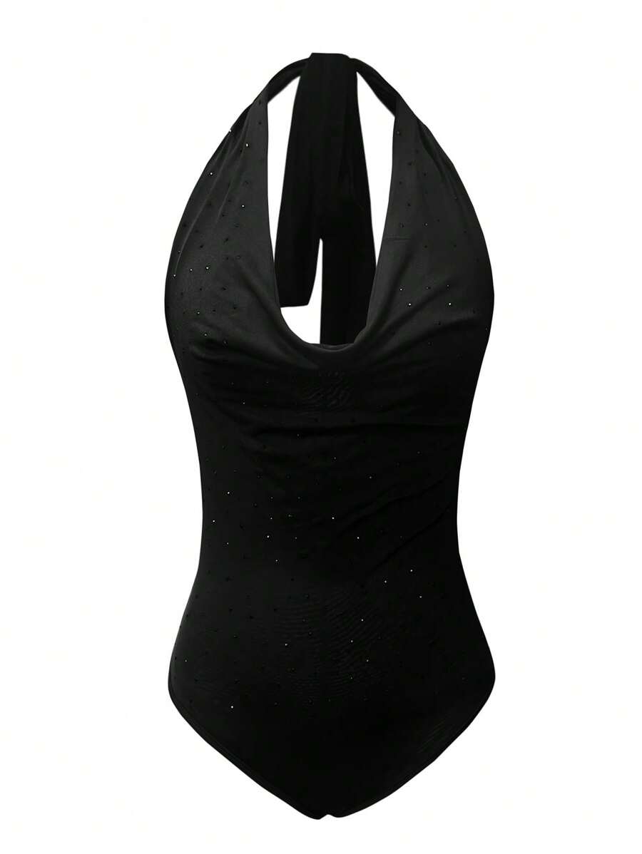 Women's Solid Color Plunging Neck Bodysuit - Black - View 1