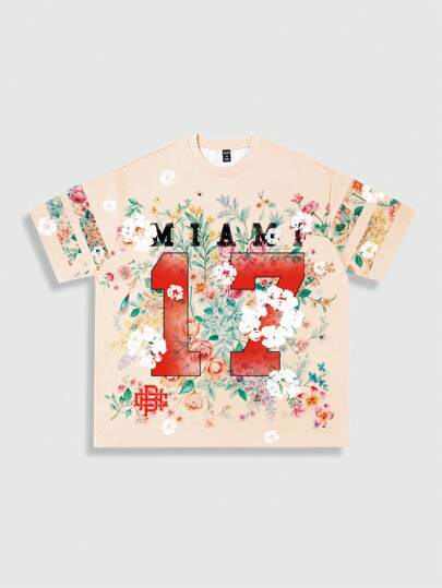 Prep Men's Preppy Floral & Number Printed Short Sleeve T-Shirt, Suitable For Daily Wear, Spring/Summer
