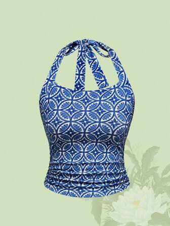 The White Lotus Women All-Over Print Backless Halter Top, Slim Fit For Summer