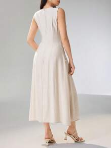 Heiryn Damen einfarbiges Sommerkleid mit V-Ausschnitt, ärmellos, tailliert, Lässig Strandurlaubs-Kleid