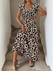 Easowa 褶皱荷叶边盖袖，收腰，喇叭下摆，复古豹纹休闲连衣裙，优雅的度假装女士猎豹印花情人节度假装，女士夏季连衣裙