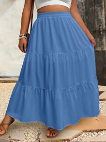 SHEIN Clasi 大码休闲纯色半身裙长裙 - 淺藍色 - 查看 5