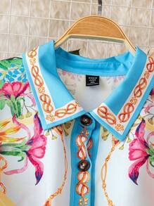 SHEIN Unity 大码女式翻领无袖花卉印花束腰优雅波西米亚风格假日长裙，春夏