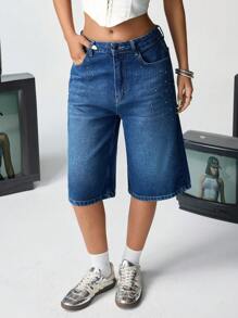 低腰铆钉牛仔都市短裤 - 中等水洗藍 - 查看 3