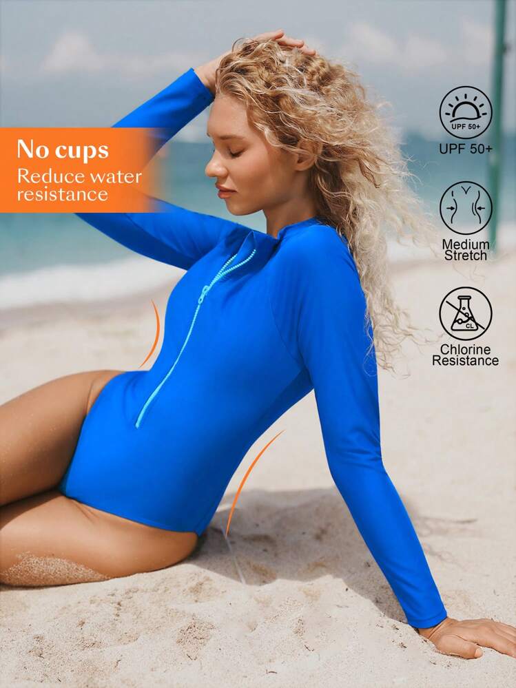 Swim SPRTY 女性用シンプル無地長袖ラッシュガード | SHEIN JAPAN