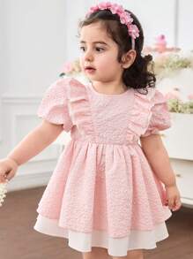 SHEIN Baby Girl Woven Color-Block Ruffle Puff Sleeve Snug Fit Dress - Pink - View 4