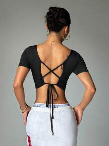 SHEIN Dewbera Women's Casual Solid Color Breathable Fitness Running Sports Top - Black - View 2