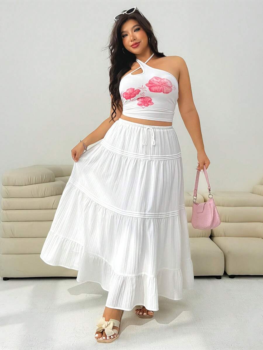 SHEIN EZwear 大码女式白色系带腰部荷叶边下摆休闲 A 字裙 - 白色 - 查看 1