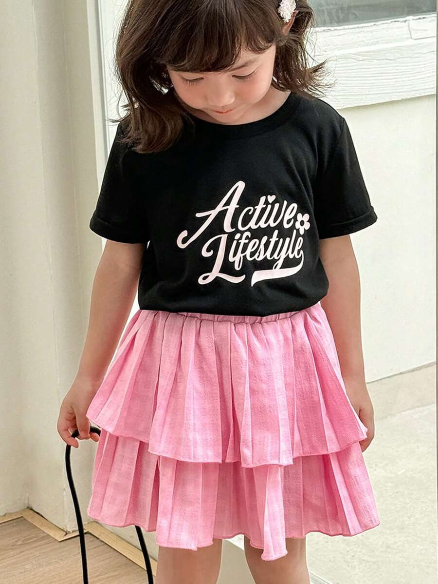 SHEIN Young Girls Casual Letter Pattern Short Sleeve T-Shirt & Mini Skirt Set - Multicolor - View 1