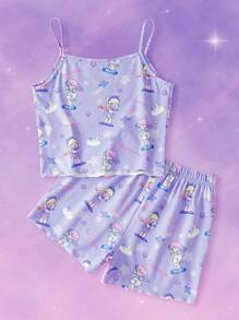 Pop Mart Azura X SHEIN Tween Girl Cartoon Dreamy Star & Rainbow Printed Purple Cute Camisole Top & Loose Shorts Pajama Set