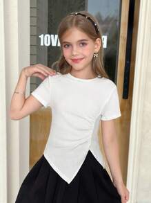 SHEIN Tween 女童休闲时尚法式优雅圆领不对称褶皱开衩白色短袖 T 恤，春夏 - 白色 - 查看 2