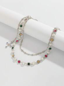 ROMWE Fairycore 1pc Retro Luxurious Multi-Color Crystal & Faux Pearl Waist Chain, Women Charming Personalized Cross Pants Chain, Pants Decoration For Daily Commute, Parties, Music Festivals - Silver - View 4