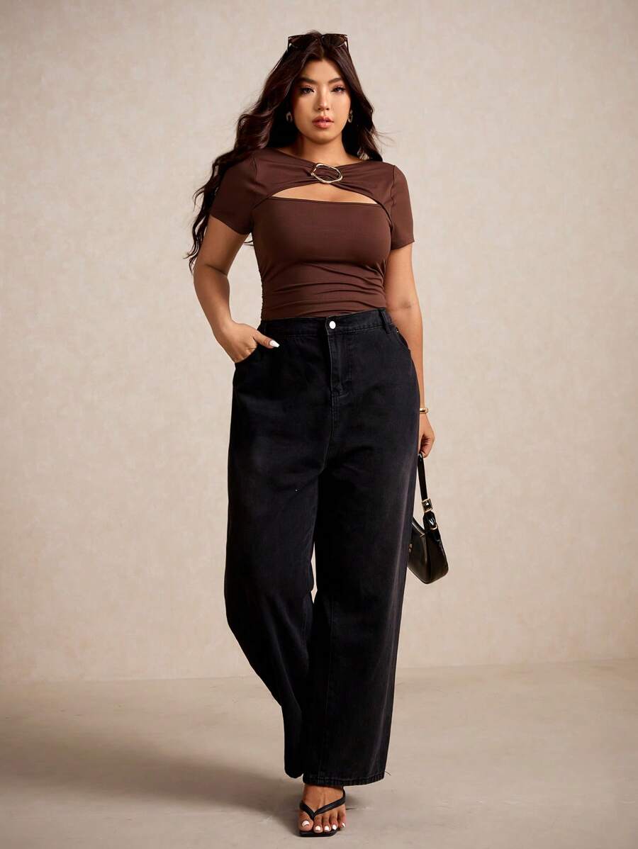 Elaquor Áo thun nữ cỡ lớn, màu cà phê, dễ phối đồ, khóa kim loại đa năng, mùa hè - Cà phê nâu - Xem 1