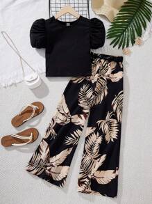 SHEIN Tween 女孩寬鬆休閒泡泡袖襯衫和熱帶印花長褲 2 件/套 - 彩色 - 查看 2