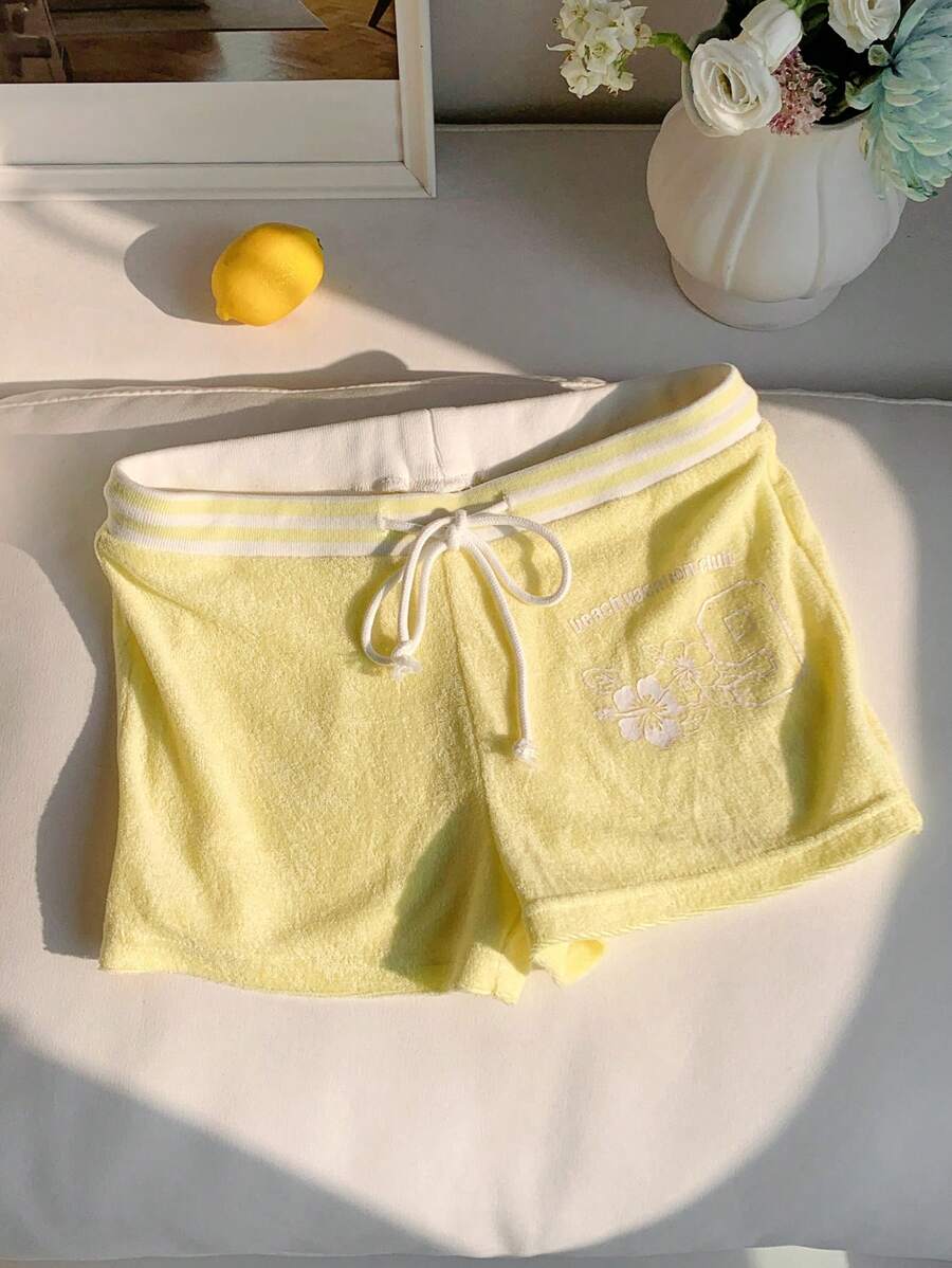SHEIN EZwear 女士休闲抽绳腰黄色花卉字母印花超短裤，夏季 - 黃色 - 查看 1