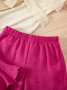 女孩休闲基本款荷叶边无袖衬衫上衣 + 阔腿长裤 2 件套服装套装，适合姐妹穿