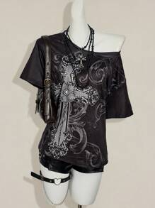 SHEIN ICON Y2K 复古垃圾风十字印花斜肩宽松休闲T恤