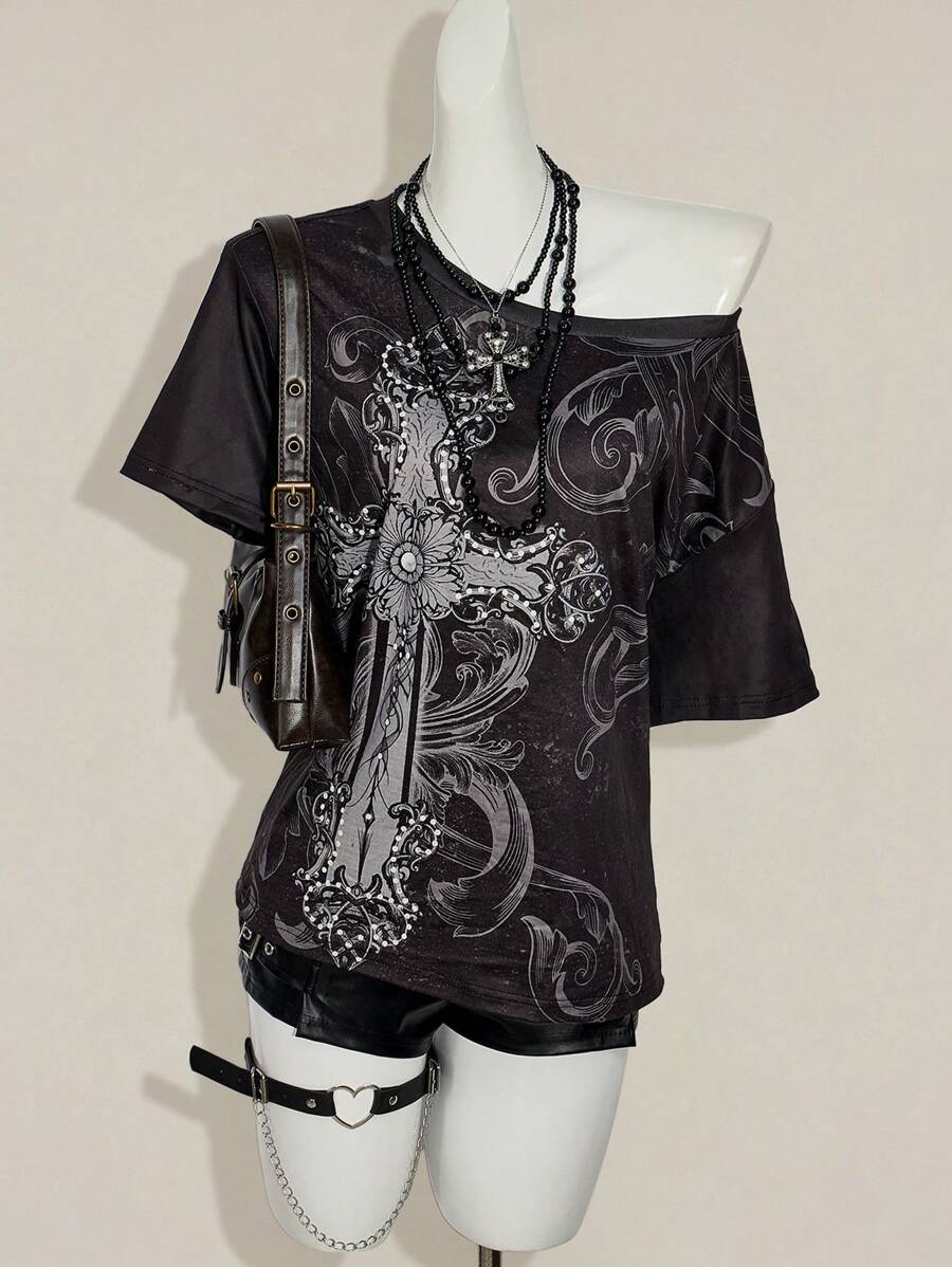 SHEIN ICON Y2K 复古垃圾风十字印花斜肩宽松休闲T恤