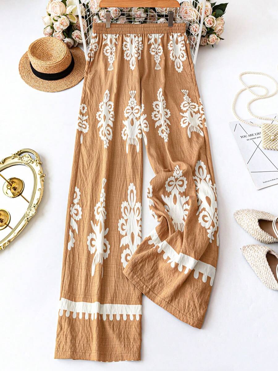 SHEIN LUNE Plus Size Women's Casual Vacation Style All-Over Printed Elastic Waist Side Pockets Loose Wide Leg Pants Beach Outfits For Woman Palazzo Summer Holiday Baggy Pants Women Plus Clothing Business Casual