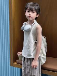 DAZY Tween Boy Solid Color Top + Striped Woven Pants 2 Pieces Outfit, Summer - White - View 3