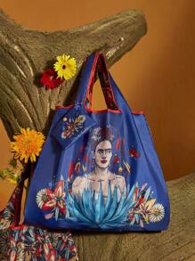 Frida Kahlo X SHEIN 1pc Flower & Butterfly Foldable RPET Reusable Shopping Bag For Gift - Navy Blue - View 3