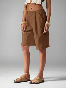 MISSGUIDED High Waisted Bermuda Shorts Lightweight Tailored Summer Beach Casual Long Walking Shorts With Pockets - Chocolate Brown - View 6