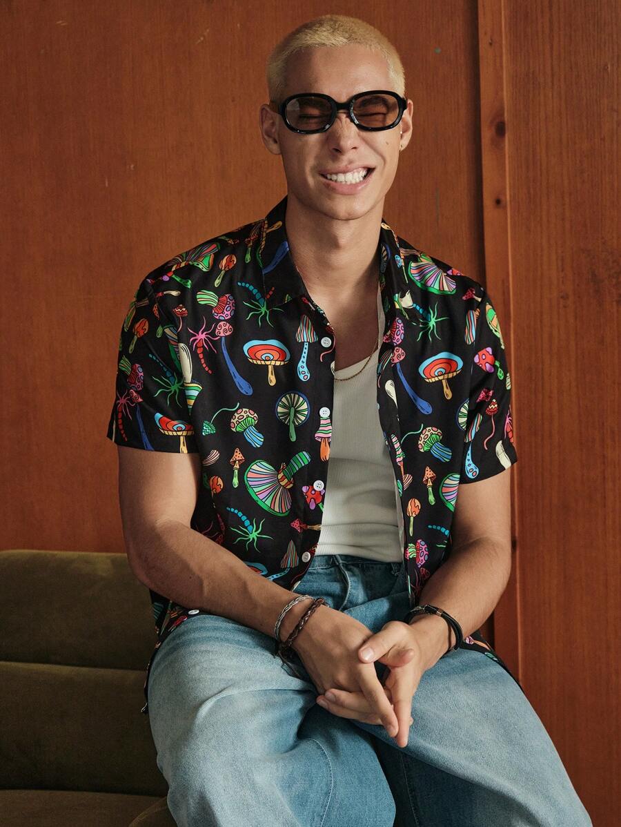 Manfinity VCAY 男士蘑菇印花短袖单排扣休闲衬衫