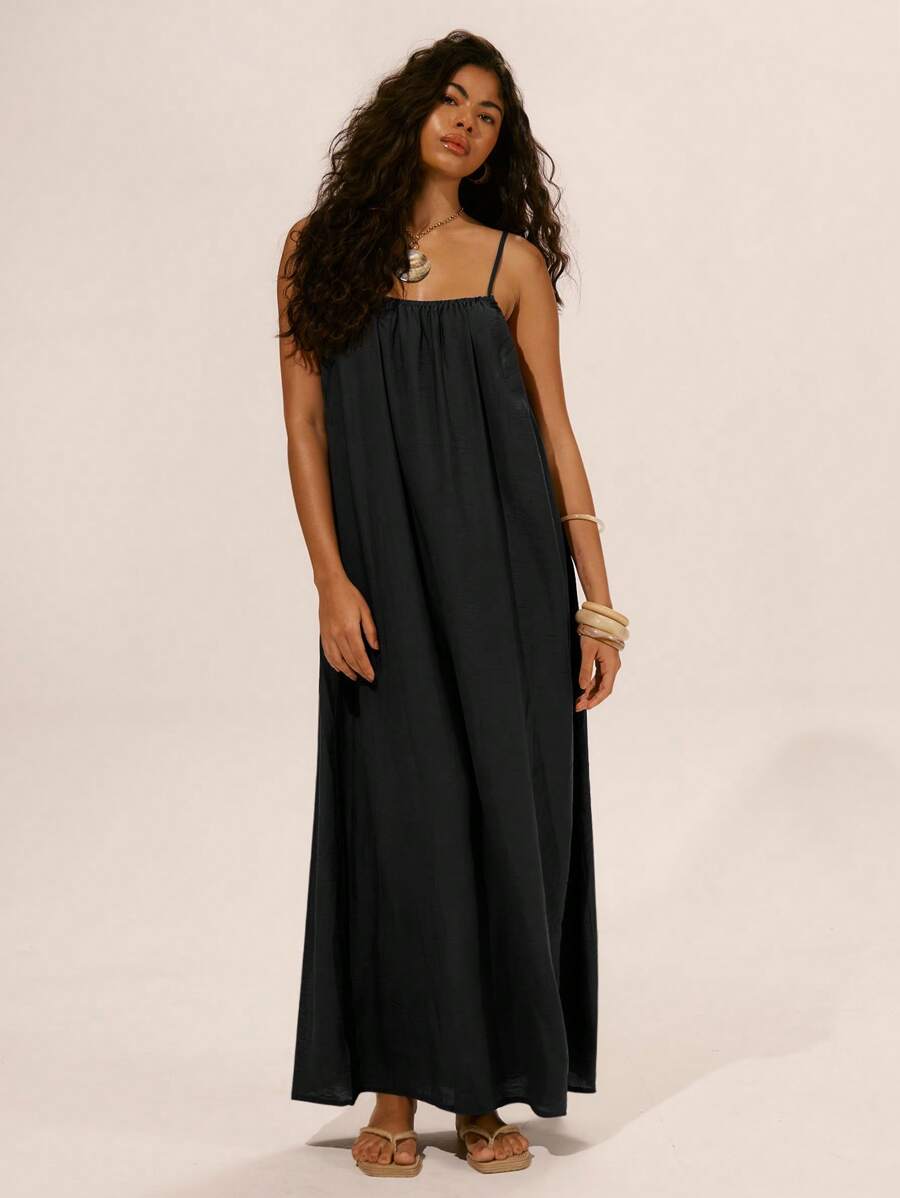 Musera Resort Linen Strappy Baggy Collum Maxi Dress Spring Summer Ibiza Outfit Holiday Cute Romantic Festival Vacation Beachwear Beach Black Fall  Elegant Graduation Long Dress - Black - View 1
