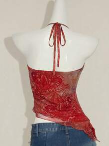 SHEIN ICON Y2k Halter Western Boho Red Country Concert Flowy Paisley Print Vintage Floral Print Asymmetrical Hem Backless Halter Top, Fashionable For Vacation - Multicolor - View 2