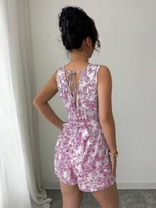 Elenzga 女式夏季度假花卉印花方领露背连体衣 - 玫紅色 - 查看 4