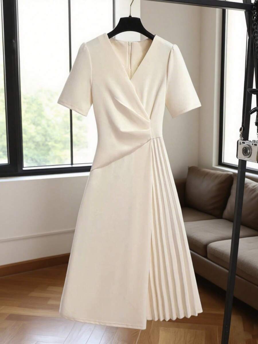 Franclia Đầm suông chữ A xếp ly ôm sát eo chữ V màu trơn cho nữ, mùa hè - Màu be - Xem 1