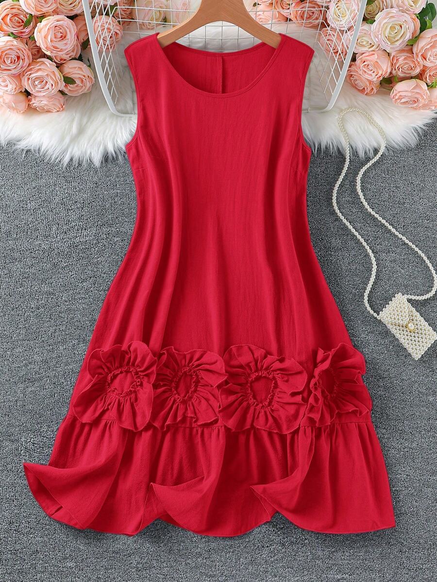 SHEIN LUNE Váy suông không tay họa tiết hoa trơn màu cỡ lớn dành cho nữ, mùa hè - Đỏ - Xem 1