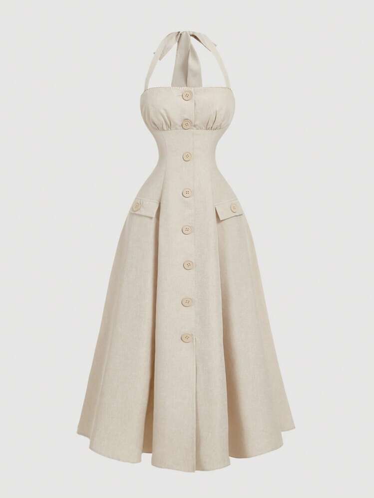 SHEIN MOD Robe évasée sans manches à encolure bateaufaite en lin pour femmes, idéale pour le printemps/été