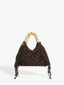 SHEIN SXY Women's Fashion Summer Vacation Woven Crochet Wooden Bead Handheld Tote Bag , Crochet - Coffee Brown - View 2