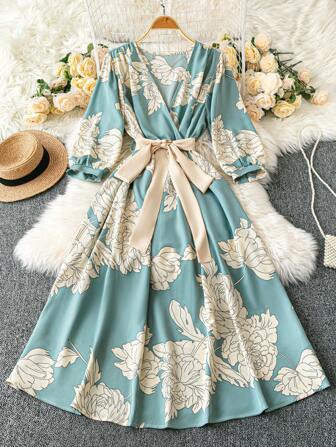 Rometta Plus Size Solid Color Print Cross Neck Short Sleeve Flowy Dress Wedding Day Wedding Guest