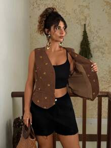 Travachic Plus Size Women Boho Embroidered Corduroy Vest,Elegant Summer Ditsy Floral V-Neck Brown Waistcoat,Bohemian Casual Autumn Layering Top - Coffee Brown - View 8