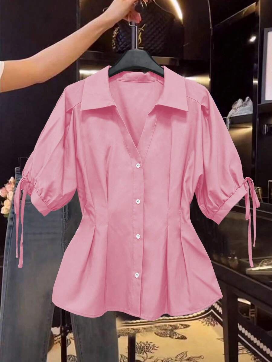 SHEIN Franclia Áo thun nữ tay ngắn thanh lịch, thiết kế eo thon, tay bồng, che bụng - Màu Hồng baby - Xem 1