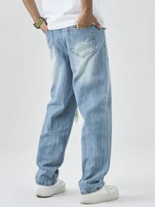 Manfinity Hypemode Men's Ripped Jeans Light Wash Denim Casual Modern Style Distressed And Stacked Design Long - Light Wash - View 2