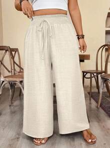 SHEIN PETITE 大码休闲裤，松紧腰带蝴蝶结带 - 杏色 - 查看 5