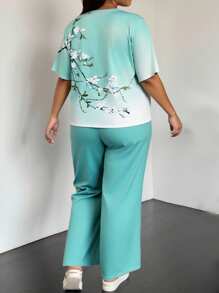 2pcs/Set Women Plus Size Ombre Floral Print Round Neck Short Sleeve Top And Wide Leg Pants