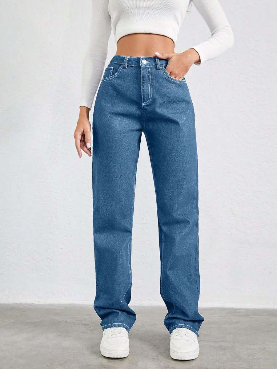 SHEIN Cottnline 100%纯棉斜口袋直筒牛仔裤 - 淺色水洗藍 - 查看 1