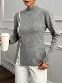 EURMUSE Suéter de punto de cuello alto minimalista para mujer con rayas de contraste - Gris Claro - Ver 5