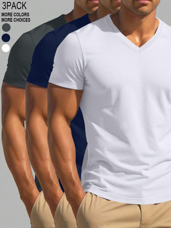 Manfinity Homme 3 piezas Camiseta casual de verano de unicolor con cuello en V y manga corta para hombres. Camisetas de cuello en V para hombres. Paquete de camisetas para hombres. Camisetas blancas para hombres. Camisetas de cuello en V para hombres. Un gran regalo para un novio o esposo.