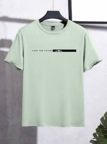 Manfinity Homme Men's Slogan & Mountain Print Crew Neck Short Sleeve Casual Slim Fit T-Shirt, Summer - Green - View 3