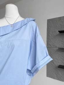 INAWLY Blusa asimétrica de hombro, manga corta, ajustada y con vuelo, estilo coreano chic, elegante para uso diario y para ir a la oficina para mujeres - Azul - Ver 5